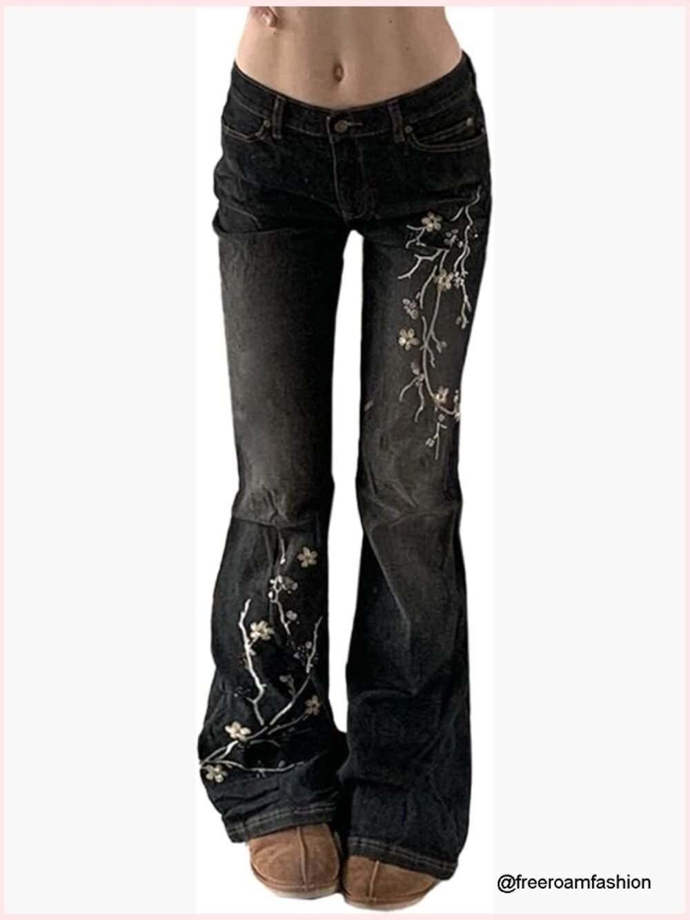 Women Bell Bottom Jeans Stretchy Flare Mid Rise Embroidery Vintage Denim Pants
